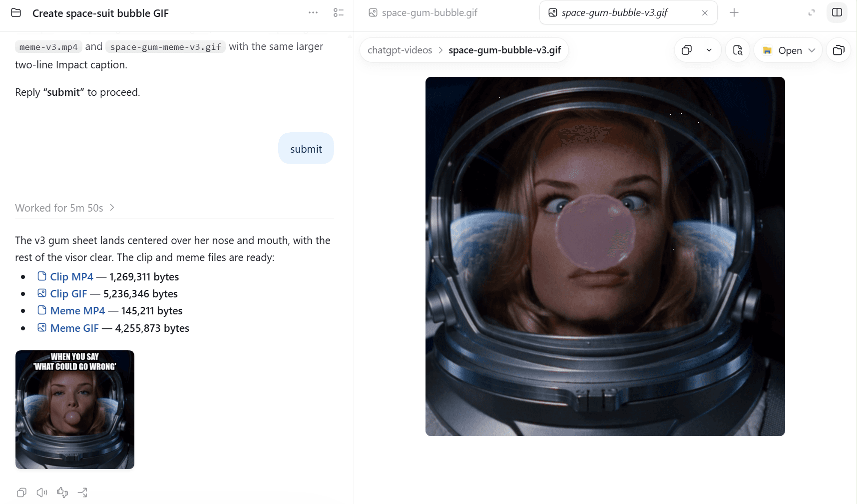 ChatGPT Work mode reply listing the clip MP4, clip GIF, meme MP4 and meme GIF with their file sizes, a captioned meme preview inline, and the space suit bubble GIF open in the file panel on the right