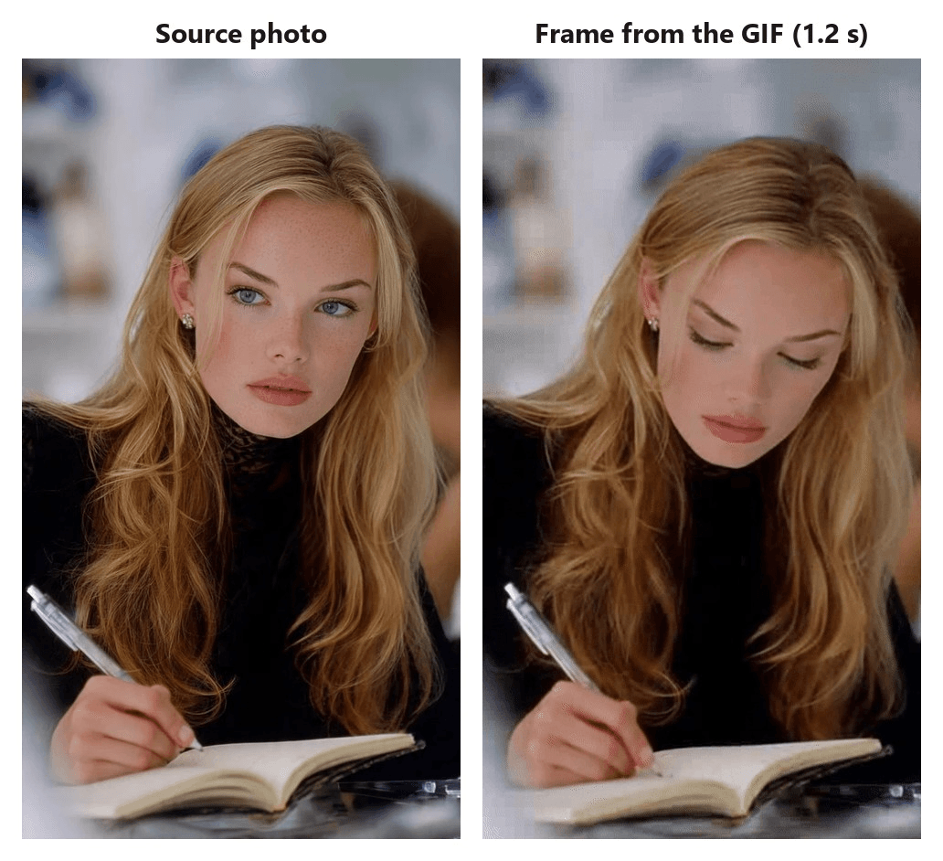 Can ChatGPT make GIFs from images: the source portrait of a blonde woman looking at the camera with her pen on a notebook, next to a frame from the GIF where she looks down at the page in the same framing
