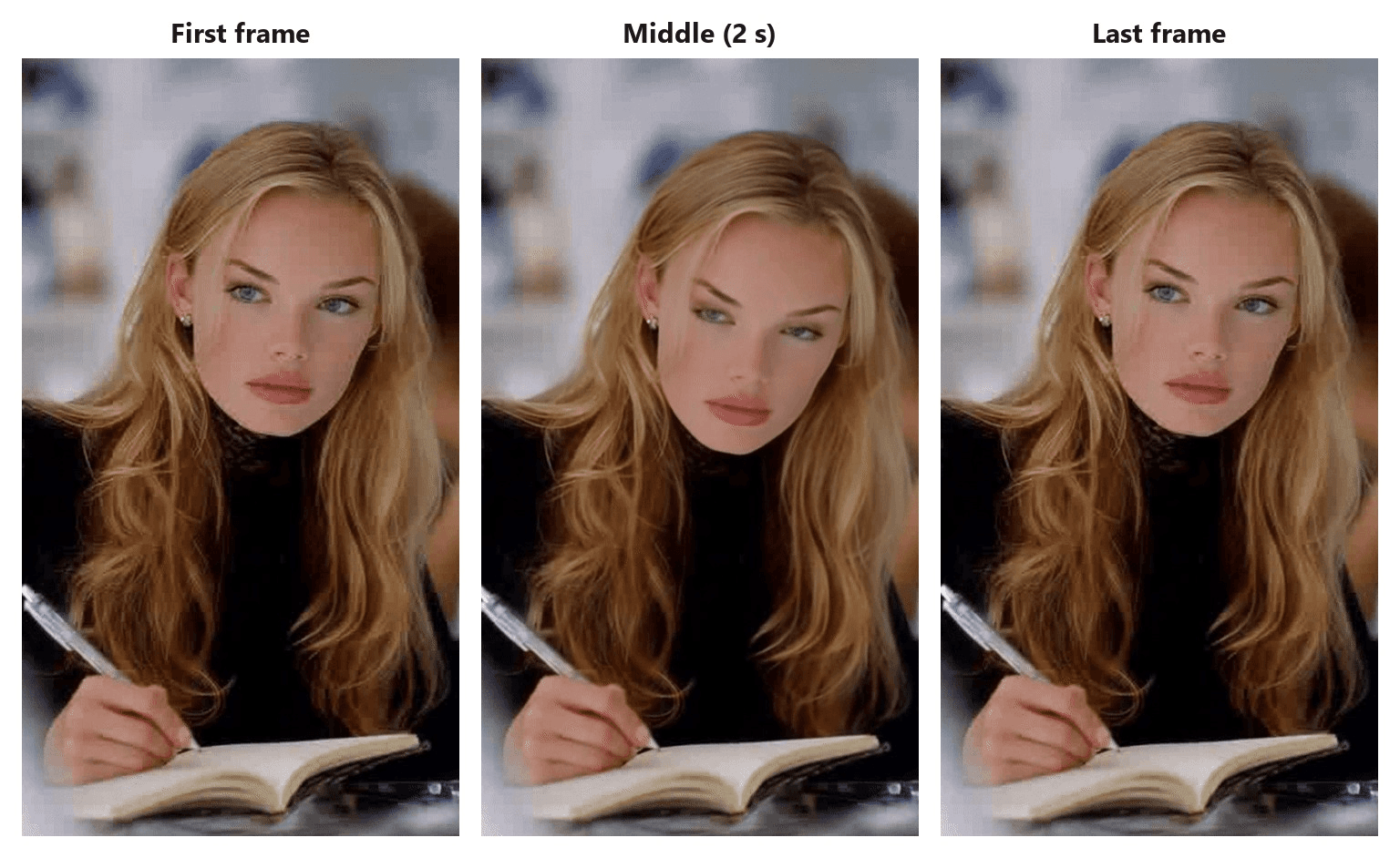 First, middle and last frames of a seamless GIF loop made with Seedance 2.5 in ChatGPT: the woman looks at the camera in the first and last frames and is lifting her eyes from the notebook at the 2-second mark