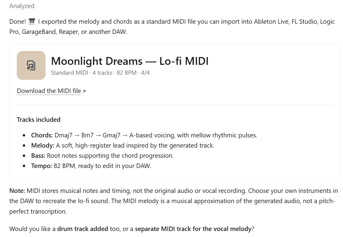 ChatGPT 回复提供了一个可下载的 Moonlight Dreams 标准 MIDI 文件,包含 82 BPM、4/4 拍的四条轨道,列出了和弦、旋律和贝斯声部