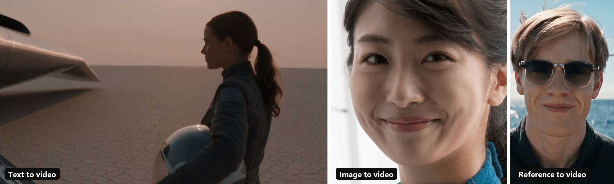 Three clips made in ChatGPT with the Atlas Cloud plugin and Seedance 2.5: a pilot on a salt flat from text, a portrait that turns and smiles from an image, and a man in sunglasses on a sailboat from reference photos