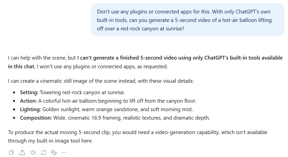 ChatGPT replying that it cannot generate a finished five-second video with its built-in tools and offering a still image of the hot-air balloon scene instead