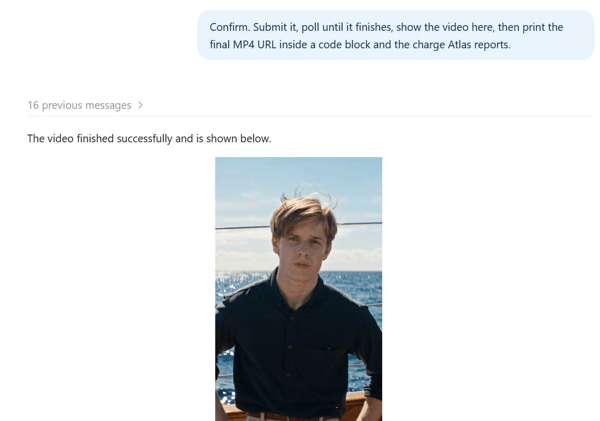 A Seedance 2.5 clip of a man on a sailboat playing inside a ChatGPT conversation after the Atlas Cloud plugin finished the job