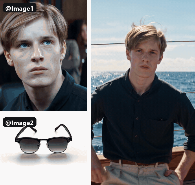 Seedance 2.5 reference-to-video in ChatGPT: a portrait tagged @Image1 and a sunglasses photo tagged @Image2 on the left, and the eight-second clip of the man putting on the sunglasses aboard a sailboat on the right