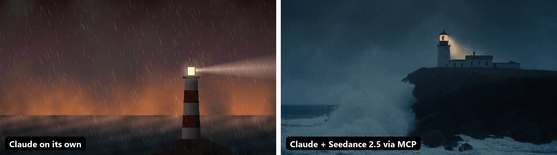 The same lighthouse prompt rendered two ways: Claude's own code-drawn animation on the left and a Seedance 2.5 clip made through the Atlas Cloud MCP server on the right