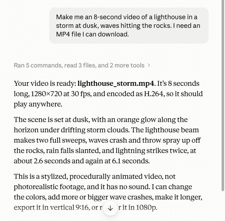 Claude in claude.ai replying that lighthouse_storm.mp4 is ready, 8 seconds at 1280×720 and 30 fps, and noting it is a stylized, procedurally animated video with no sound