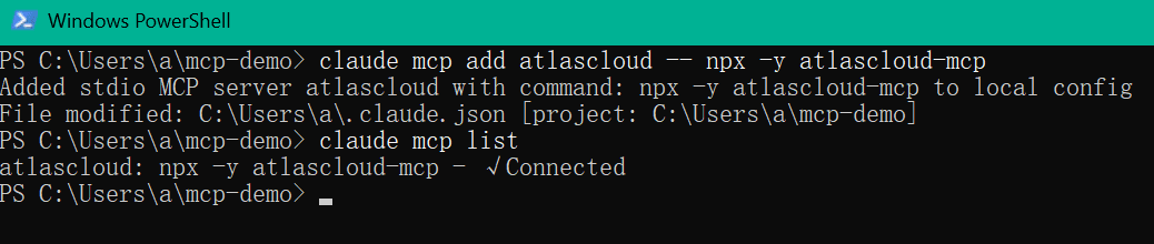 Terminal showing the one-line Claude Code command that adds the Atlas Cloud MCP server, and the Connected status from claude mcp list