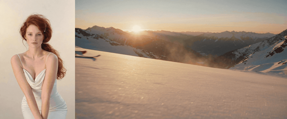 Seedance 2.5 reference-to-video through Claude: the source studio portrait of a red-haired woman next to the clip of her skiing to a stop on a snow slope at sunrise and looking back at the camera