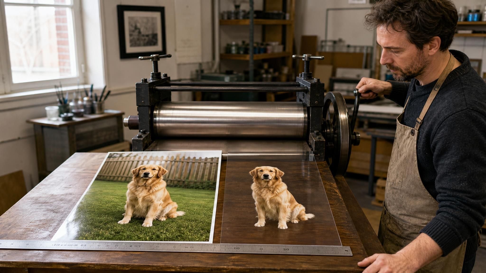 Photorealistic photo of a hand-cranked press: a full-size print of a golden retriever on a lawn goes in one side and a clear sheet of the same size holding only the dog comes out the other, a picture of a Canva background remover alternative that keeps the full image size.