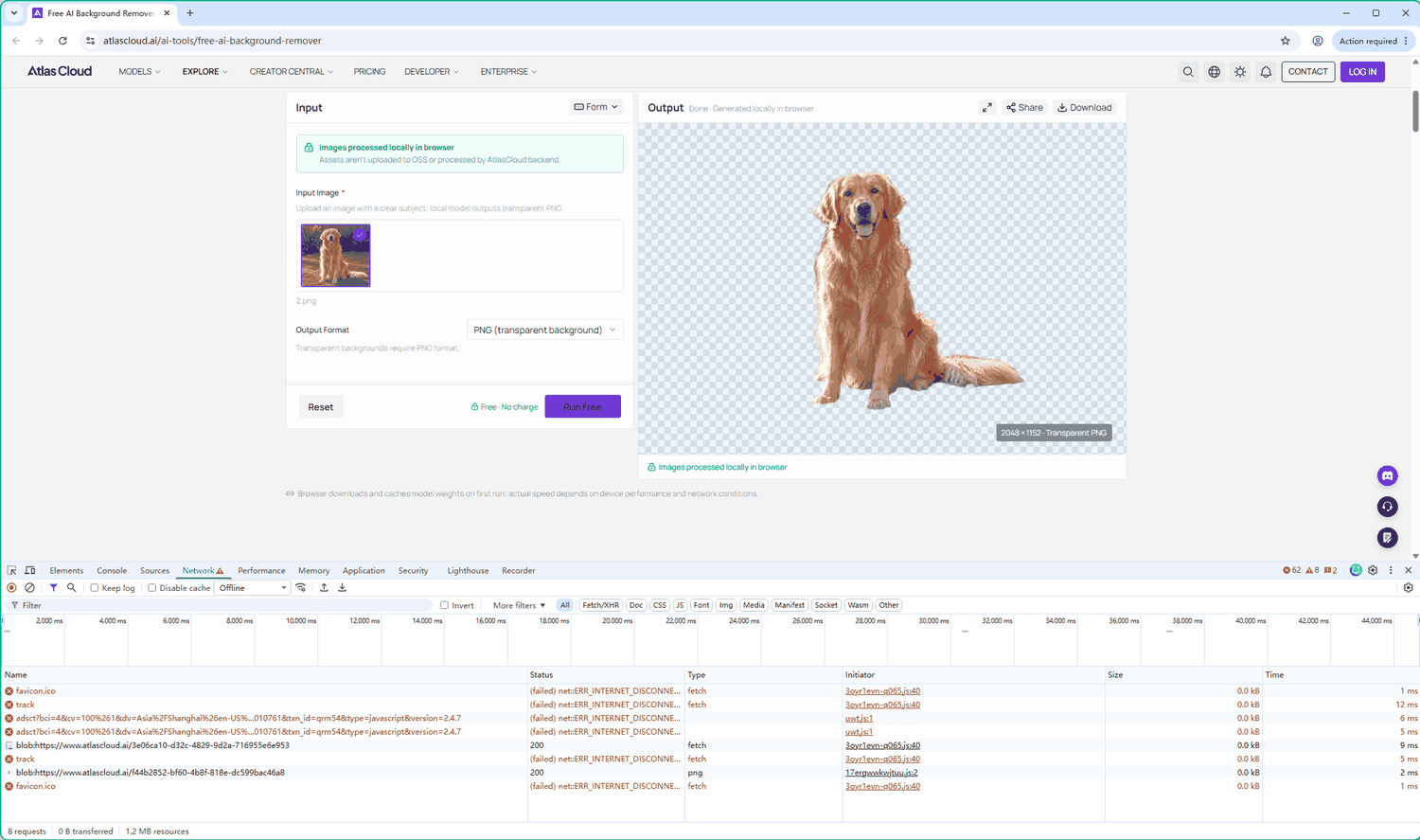 Atlas Cloud's free AI background remover finishing a cutout in Chrome with DevTools throttling set to Offline: the throttling dropdown reads Offline, all eight logged requests failed with ERR_INTERNET_DISCONNECTED, the status bar reads 0 B transferred, and the finished 2048 by 1152 transparent PNG sits in the Output panel with the Download button active.