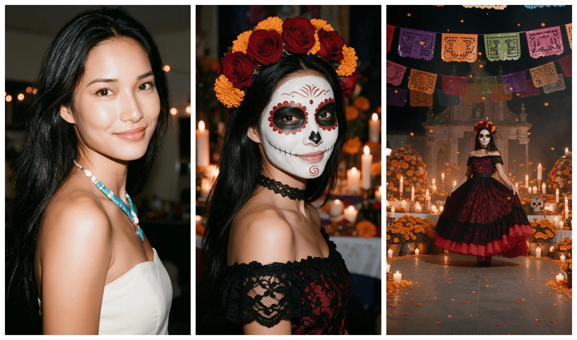 Three frames from one AI catrina makeup edit: a woman smiling at a party, the same woman in red rose La Catrina makeup, then a full-body shot of her in a black and red lace gown in a candlelit plaza