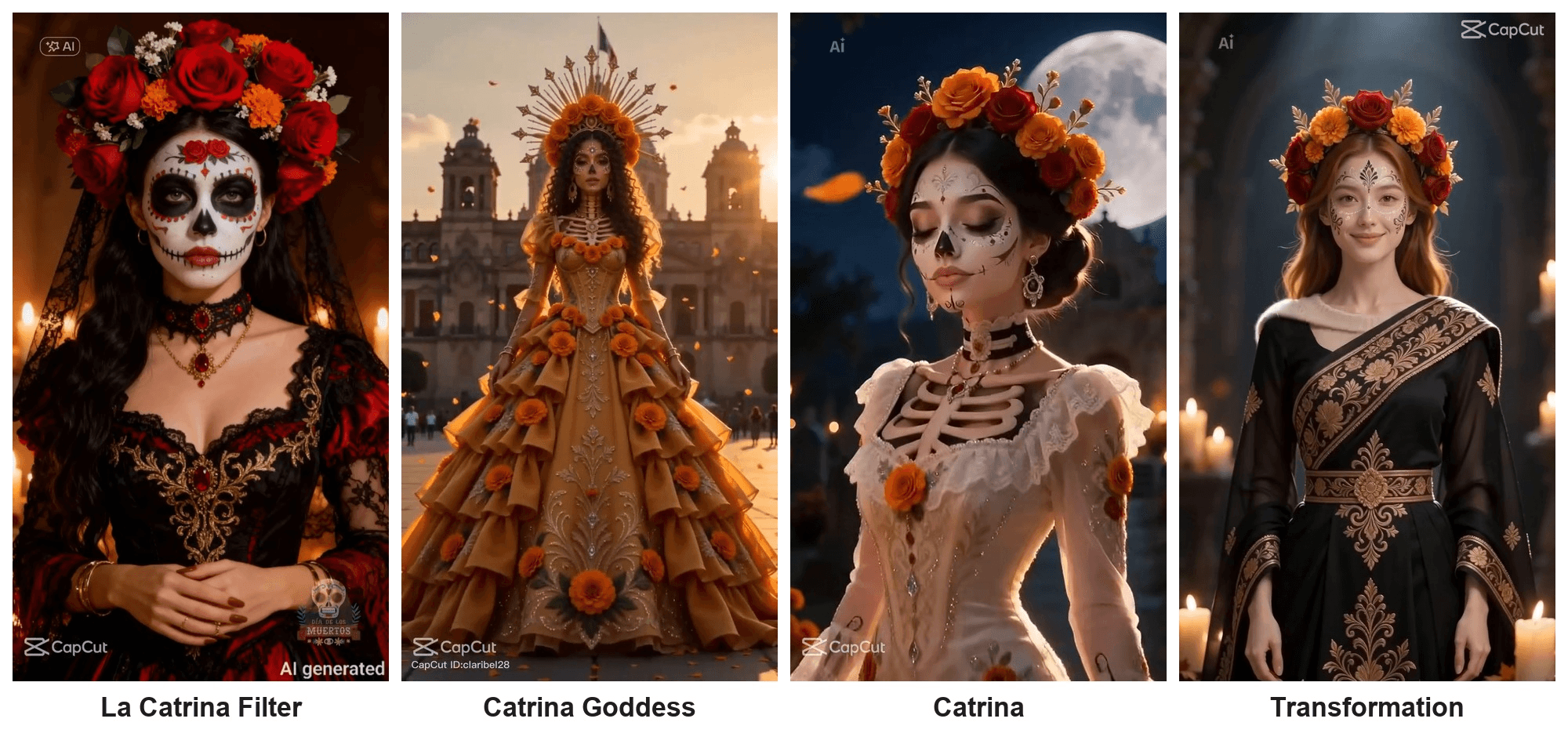 Keyframes from four CapCut catrina makeup templates, labeled La Catrina Filter, Catrina Goddess, Catrina and Transformation Template previews from CapCut, keyframes captured October 29, 2026