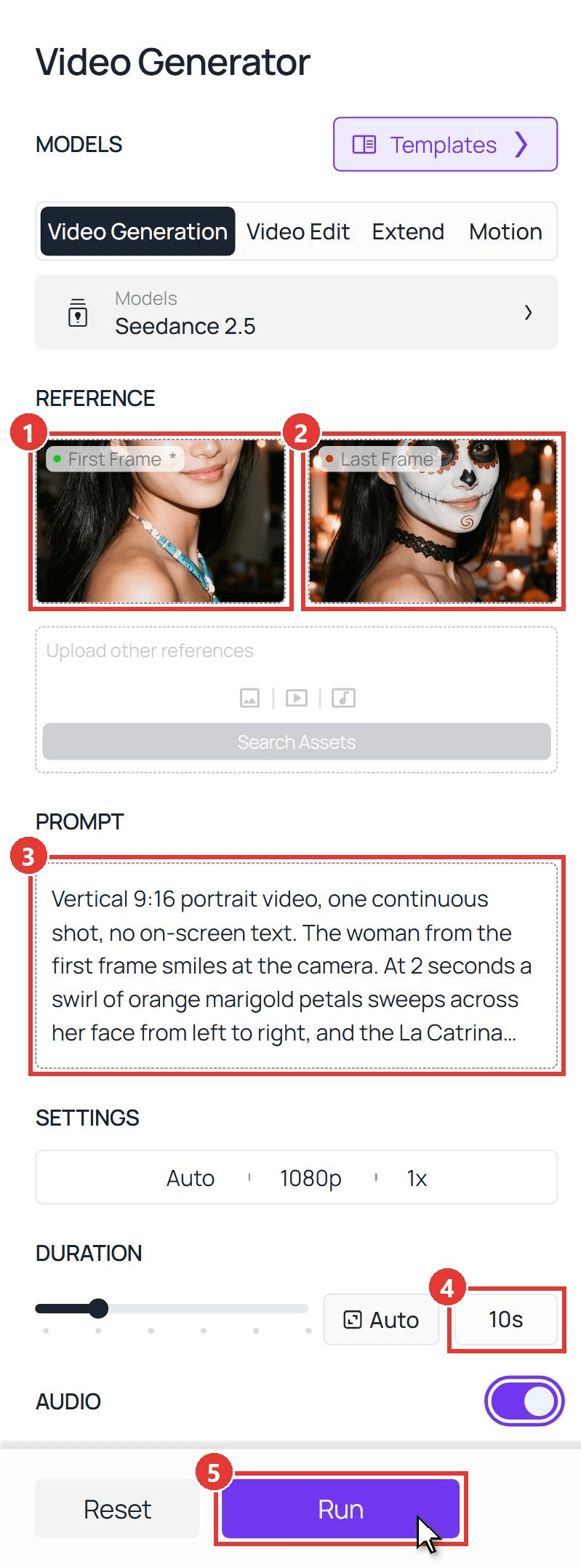 Atlas Cloud Video Generator panel with Seedance 2.5 selected, the bare-faced first frame, the catrina makeup last frame, the prompt box, the 10-second duration and the Run button numbered one to five