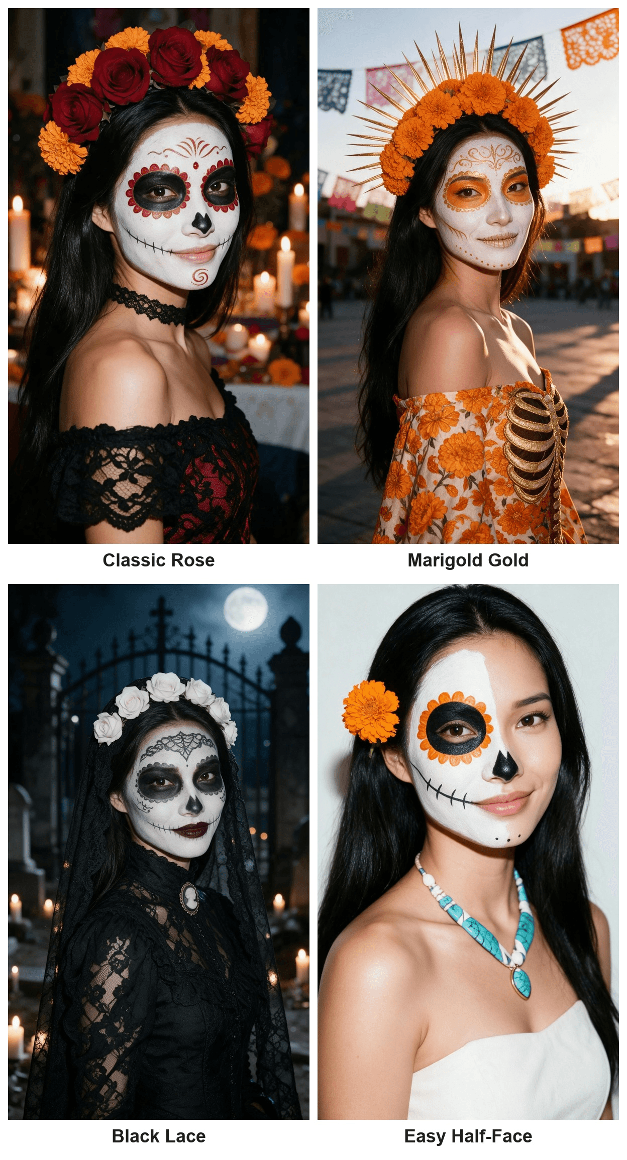 Four catrina makeup ideas on the same woman: classic red rose, marigold gold with a sunburst crown, black lace with a veil, and an easy half-face look