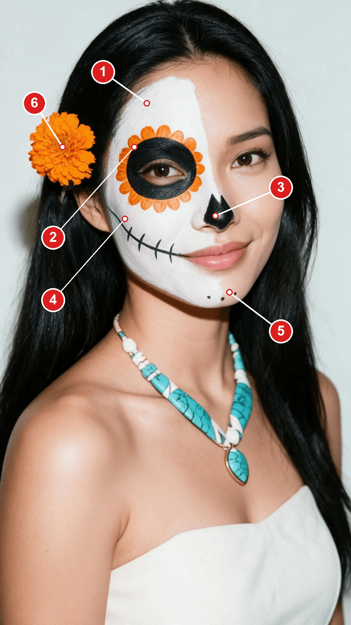 Easy half-face catrina makeup used as a face chart, with numbered labels on the white base, the petal eye, the nose tip, the stitch line, the chin dots and the marigold
