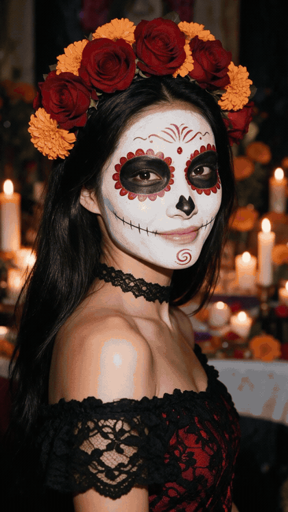 AI catrina transformation video: the camera pulls back from a woman in La Catrina makeup to reveal a black and red lace gown as she spins in a candlelit plaza under papel picado