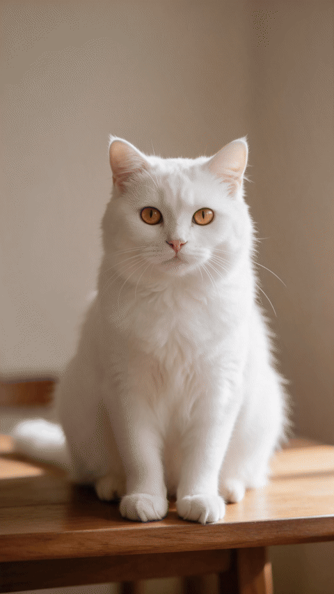 AI catrina makeup on a white cat: marigold petals fall, a sugar skull pattern and a rose crown appear on the cat's face, and the room turns into a candlelit altar