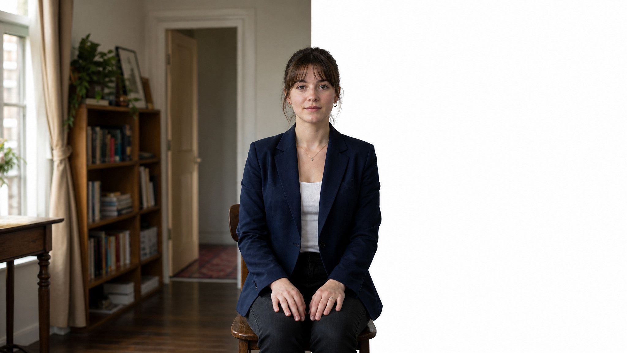 A woman sitting upright, a real room behind her on the left and an empty white background on the right, split by a straight vertical line down the centre of the frame.