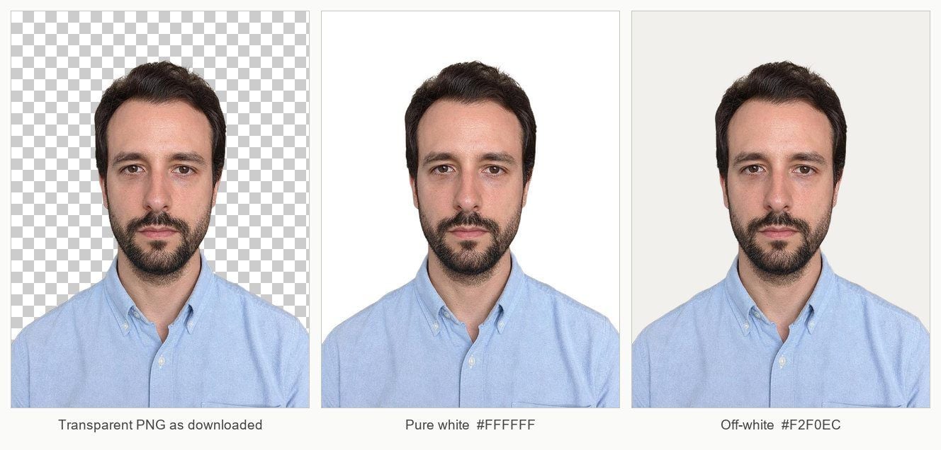 The same ID-style cutout on three backdrops: the transparency checkerboard it downloads as, pure white, and a warm off-white that keeps the shirt and the edges separated. AI-generated test input.