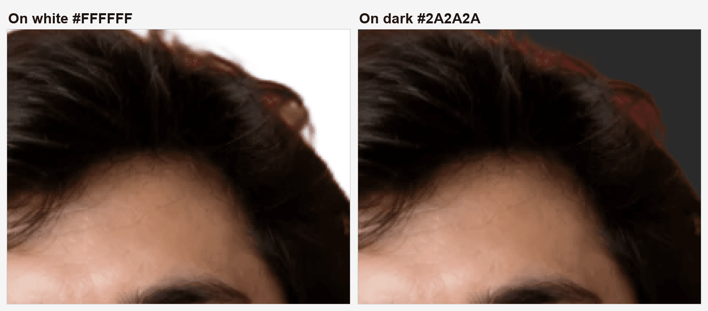 The same cutout edge at 300 percent, composited on white where the red fringe from the original wall is obvious, and on dark grey where the same pixels sink into the background. AI-generated test input.