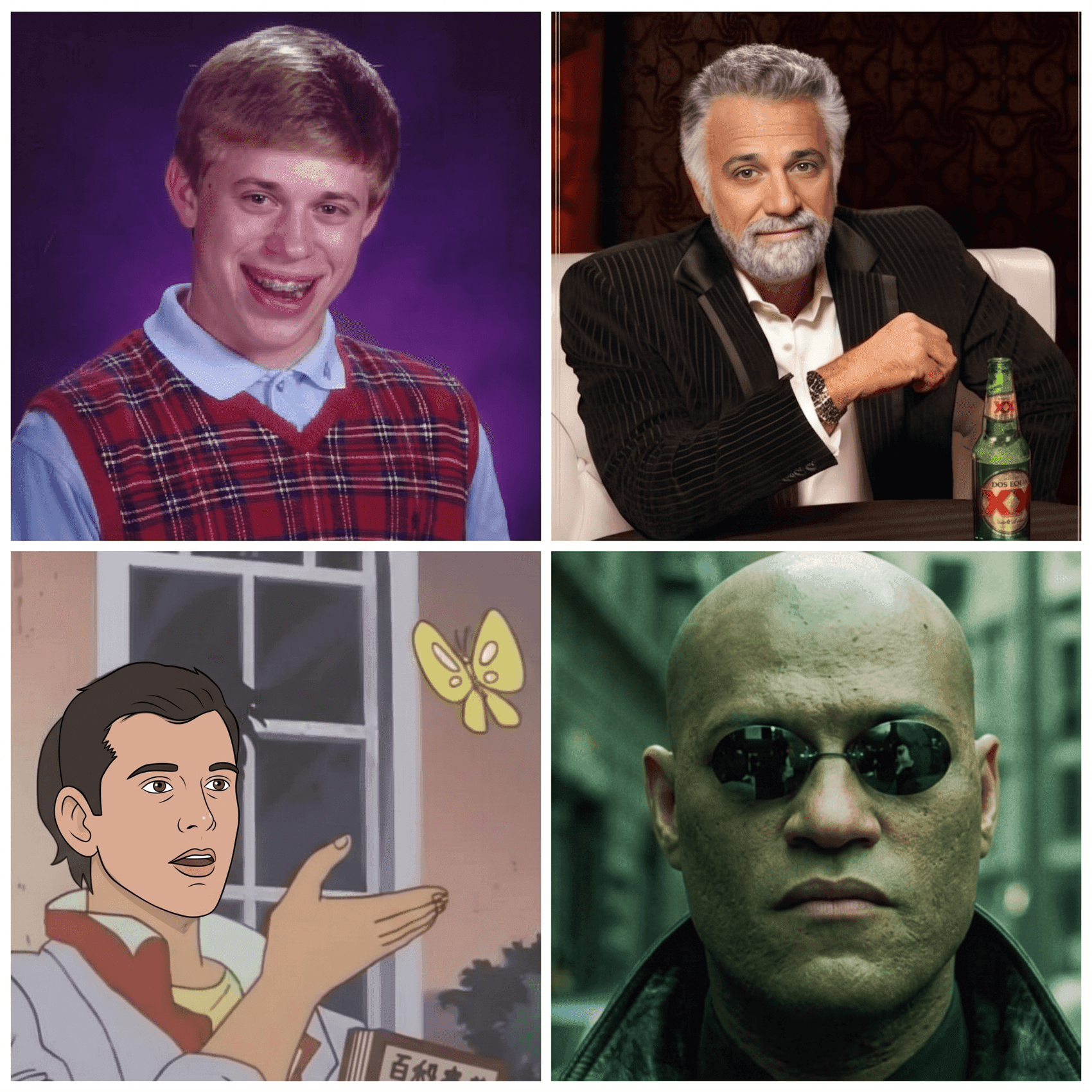 Four classic internet memes in a two-by-two grid