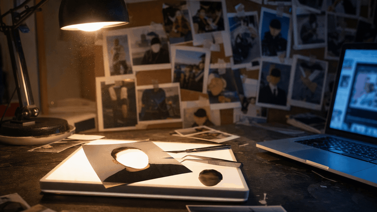 Photo with a cut-out face on a glowing light box