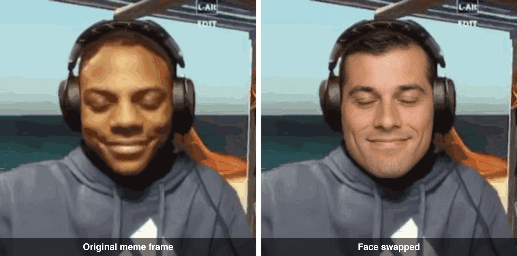Side-by-side comparison of a meme before and after face swapping
