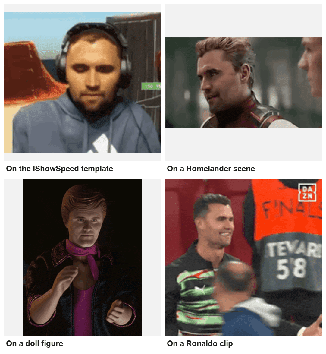Four panels showing a man's face photoshopped onto different meme characters