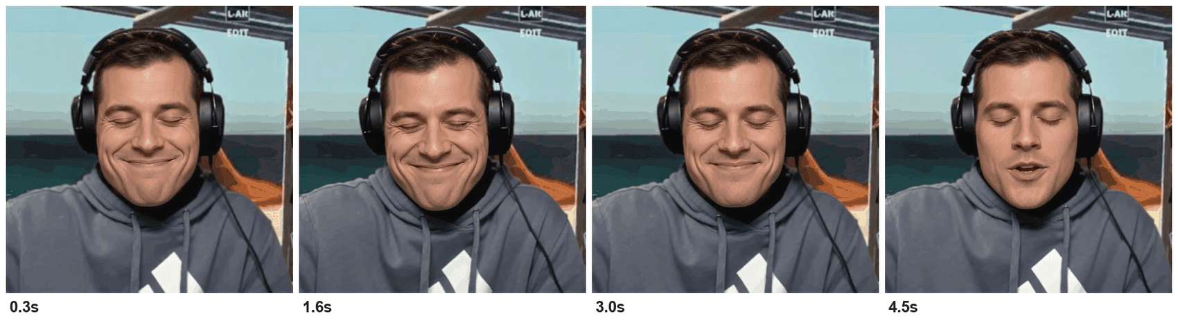 Four sequential screenshots of a man wearing headphones and smiling