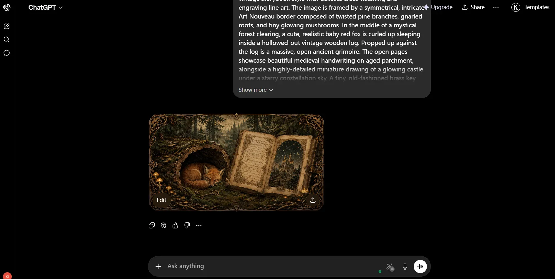 A screenshot of the ChatGPT interface showcasing free tier image generation without any visible watermarks, complete with native edit and share overlays
