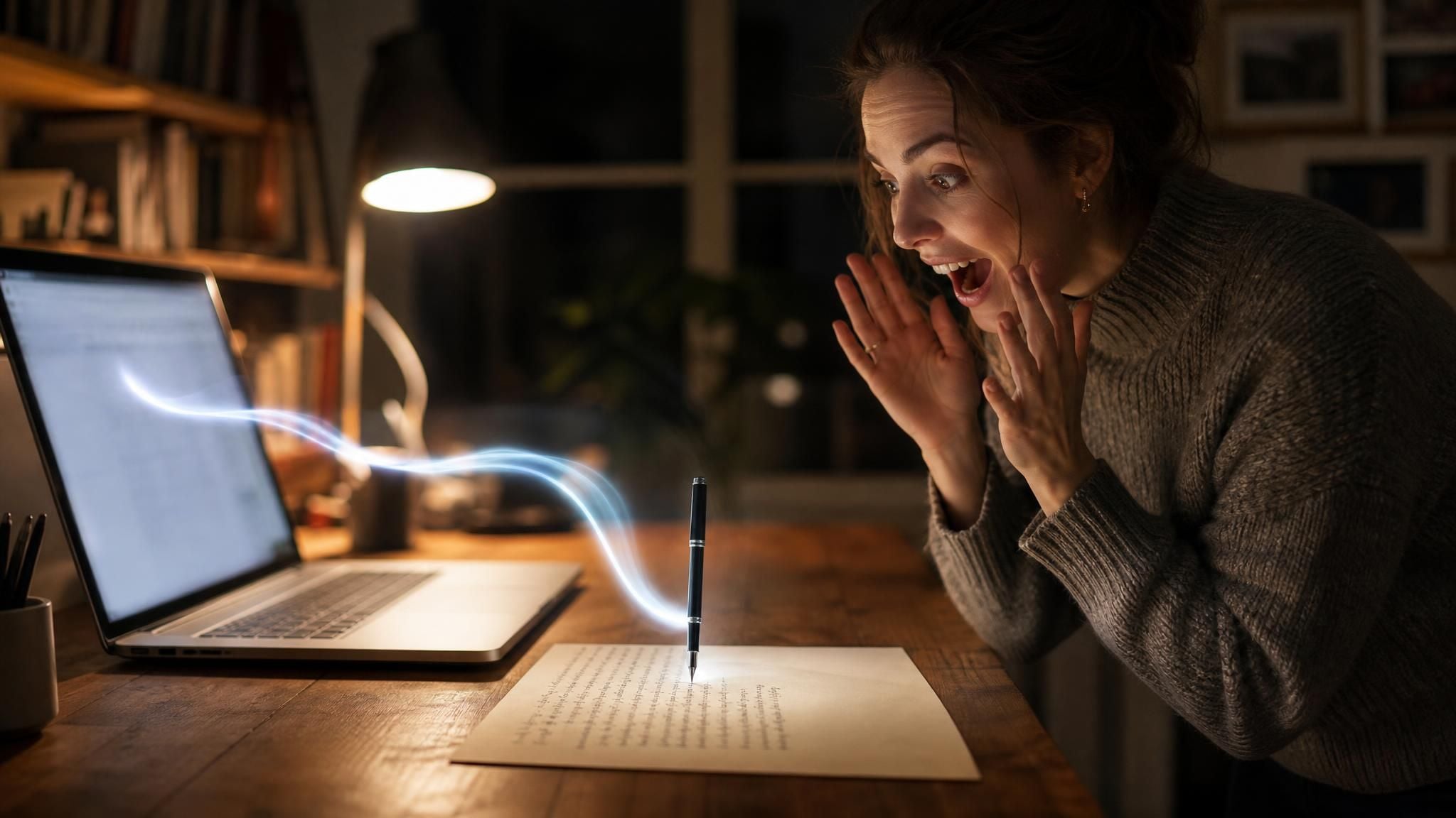 A job seeker at a desk at night compares a ChatGPT cover letter draft in a chat window with the formatted letter beside it, a highlighted job posting next to the keyboard.
