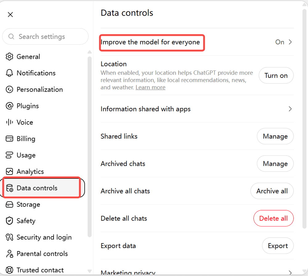 ChatGPT Settings open on Data controls, showing the Improve the model for everyone toggle that stops a ChatGPT cover letter chat from being used for training.