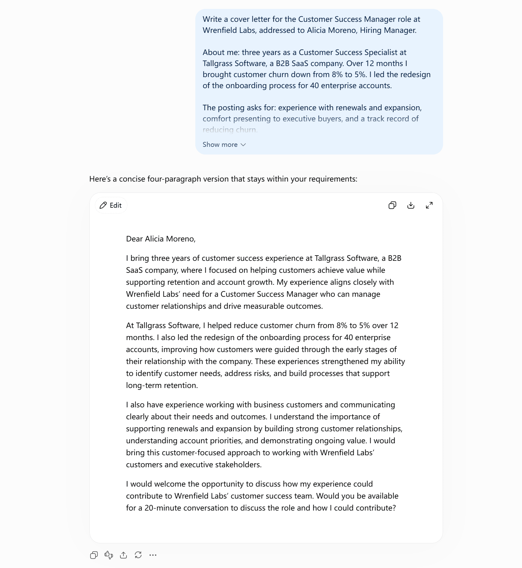 ChatGPT cover letter first draft for a fictional Customer Success Manager application, generated from a single structured prompt with a 250-word limit and a no-stock-phrases rule.