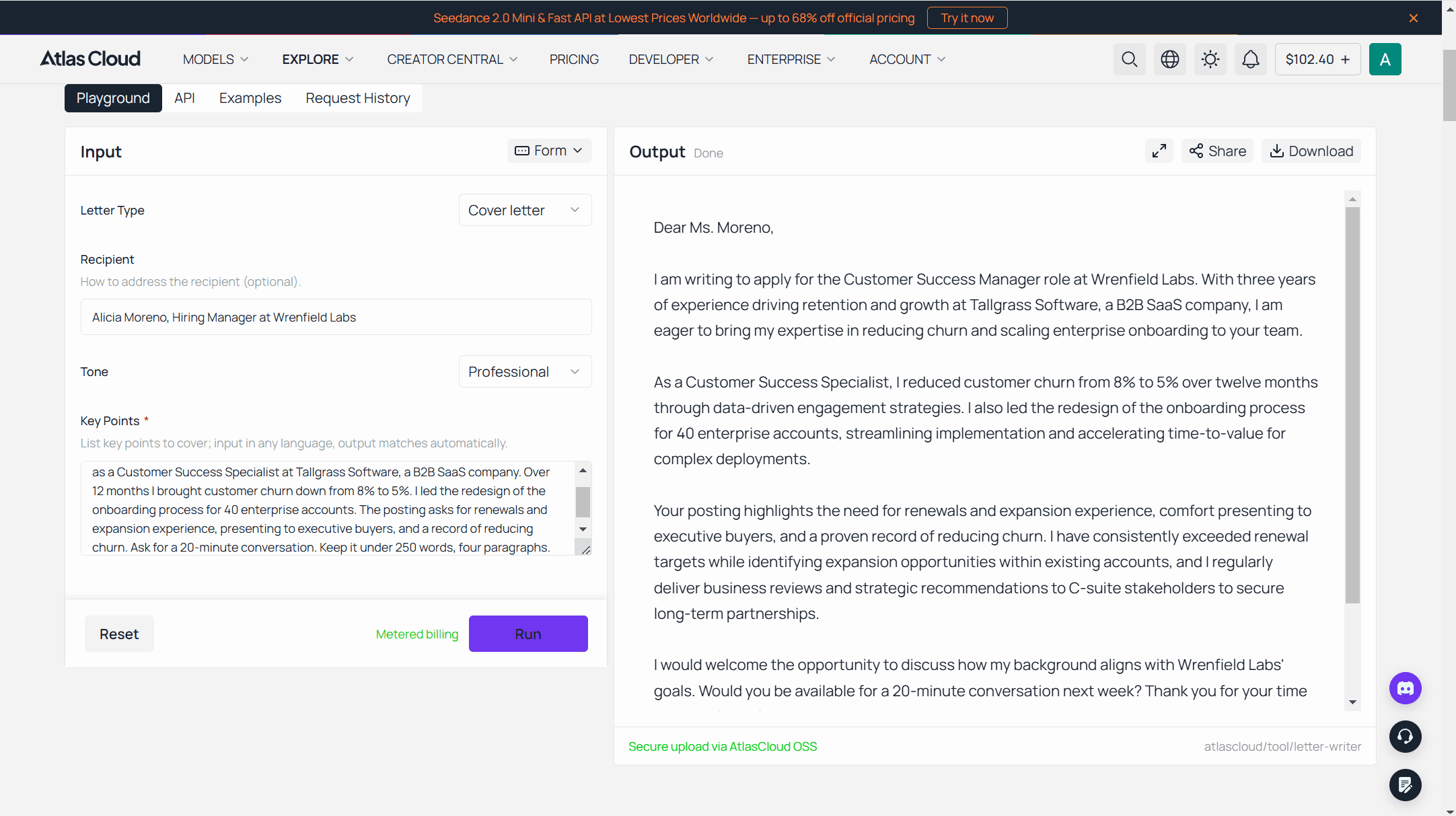 Atlas Cloud Free AI Letter Writer with Letter Type set to Cover letter and the same Customer Success Manager brief in Key Points, showing the finished AI cover letter beside the four-field form.