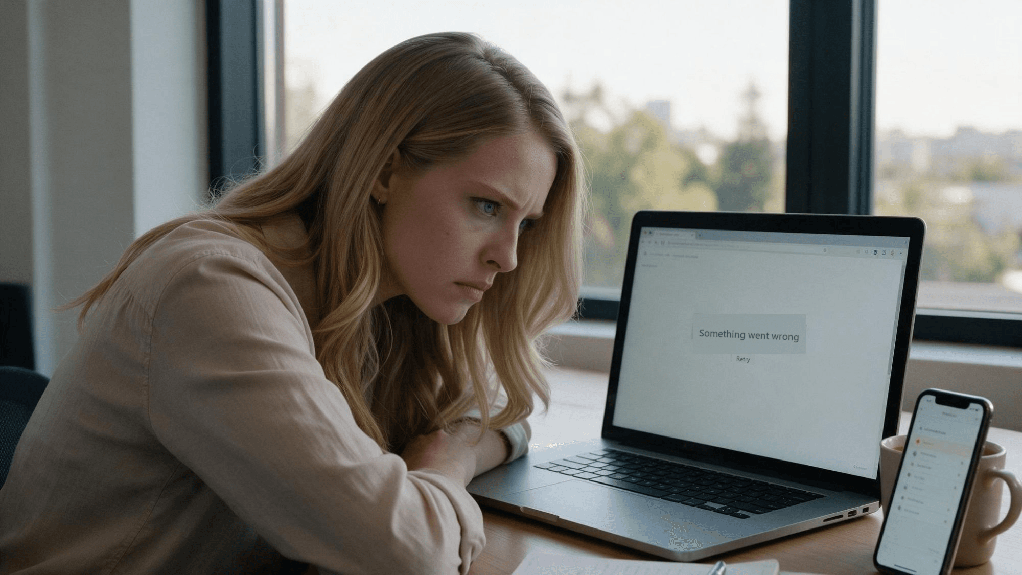 A young woman with long blonde hair leans over a desk by a bright office window, frowning at a laptop whose browser shows a grey Something went wrong banner with a Retry button, while a phone propped against her coffee mug displays a status list of green dots with one orange entry