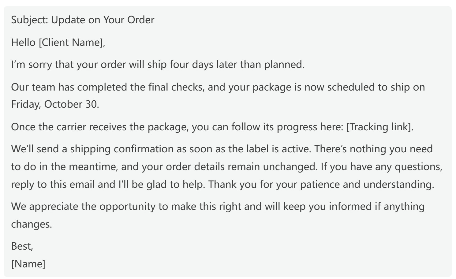 GPT-6 Luna reply in the Atlas Cloud playground: a client email with the subject Update on Your Order, one apology for the four-day delay, the new ship date of Friday, October 30, a placeholder tracking link and a calm closing