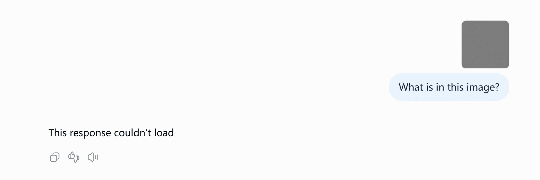 ChatGPT conversation on a Free account after sending an 89 MB PNG with the question What is in this image, where the assistant turn shows only the error text This response couldn't load