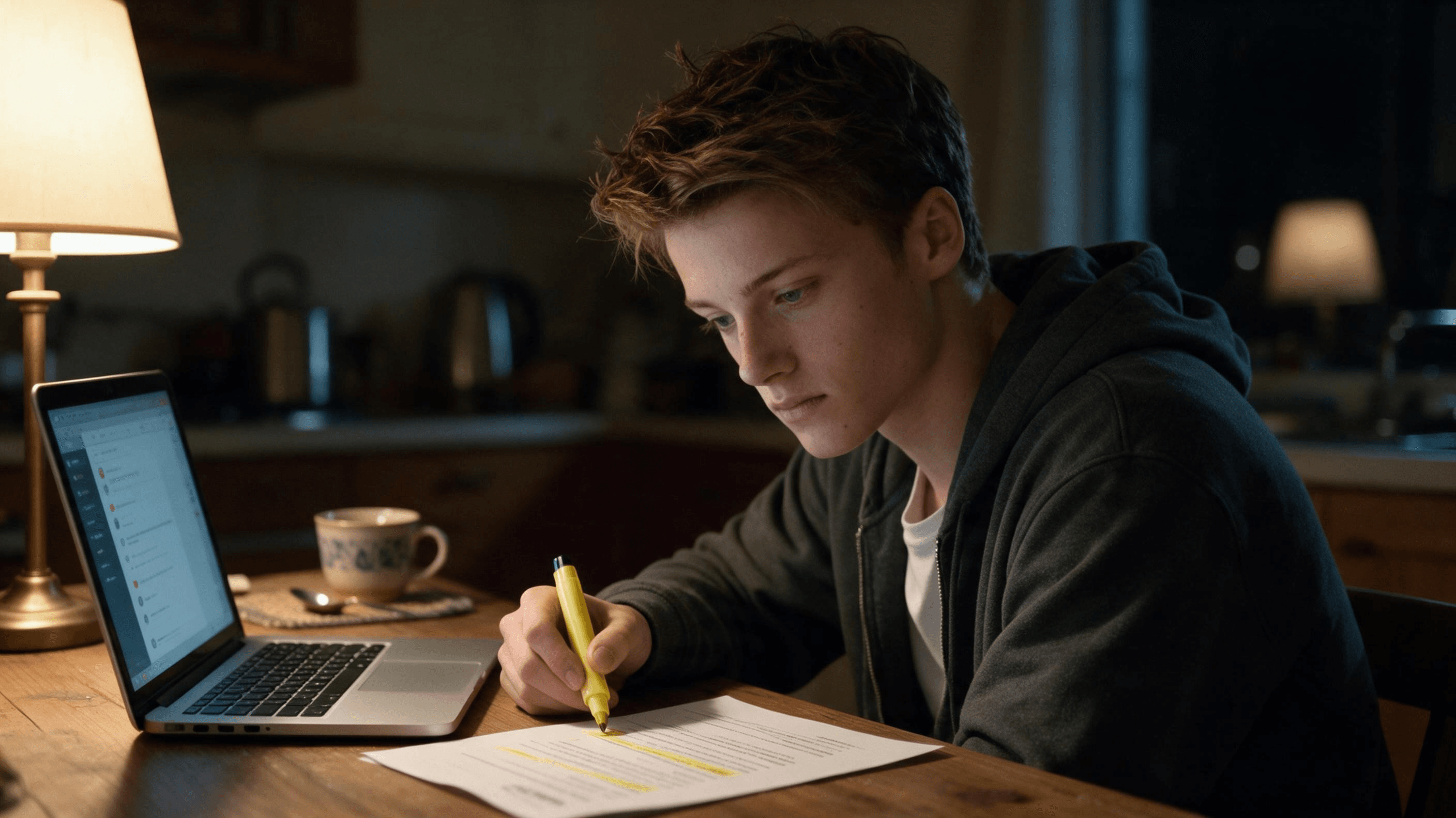  A young man with tousled light brown hair sits at a kitchen table late at night with an open laptop, marking lines on a printed resume with a yellow highlighter under a warm table lamp, checking a draft before running ChatGPT resume prompts on it.