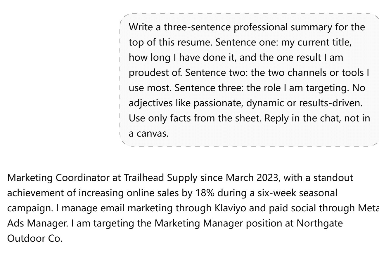  ChatGPT reply to the resume summary prompt, a three-sentence summary naming the Marketing Coordinator role since March 2023, the 18% online sales result, Klaviyo and Meta Ads Manager, and the Marketing Manager target at Northgate Outdoor Co.