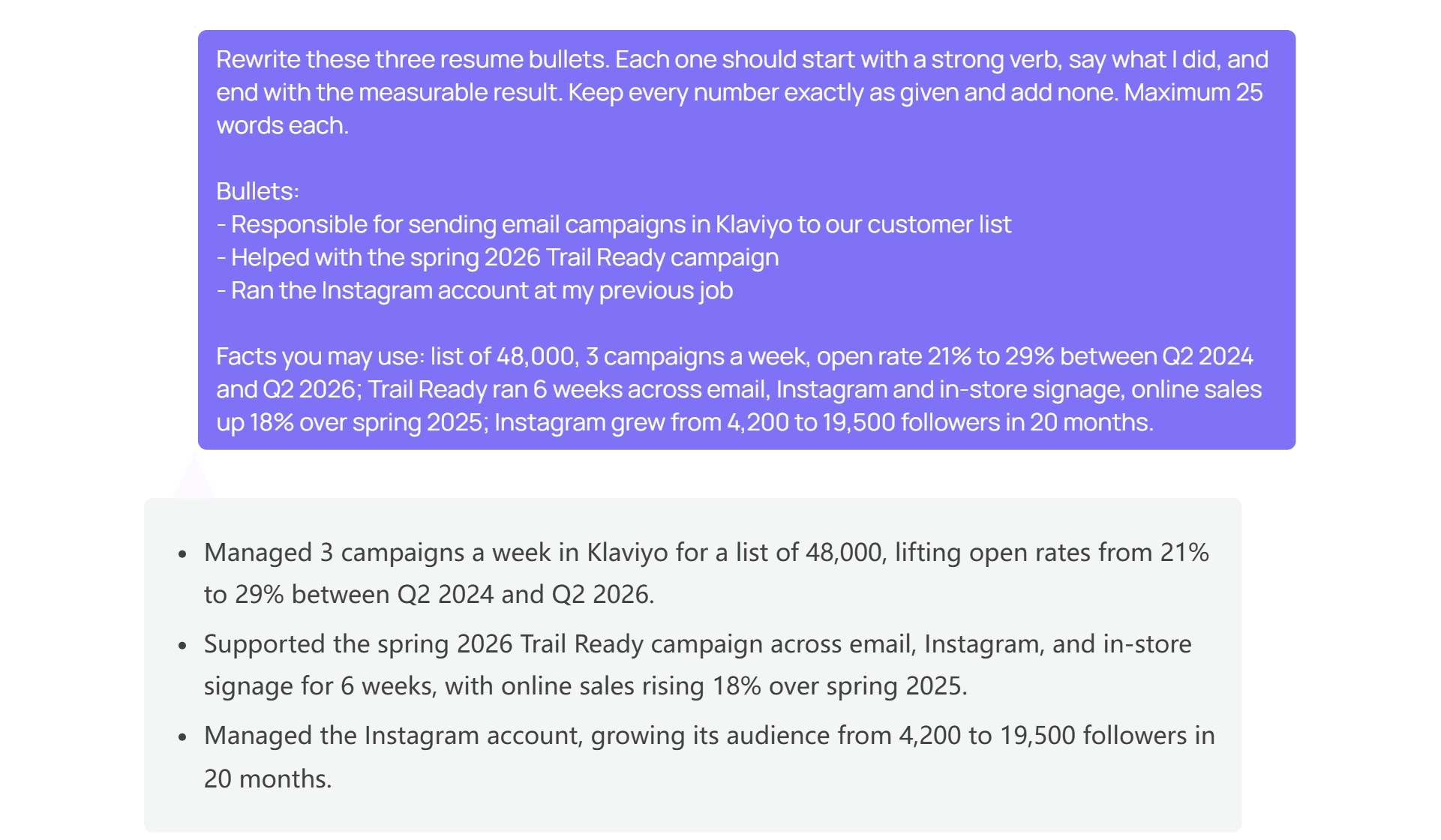 GPT-6 Luna in the Atlas Cloud playground rewriting three weak resume bullets into verb-led lines with the 48,000 list, the 21% to 29% open rate, the 18% sales lift and the 4,200 to 19,500 Instagram growth.