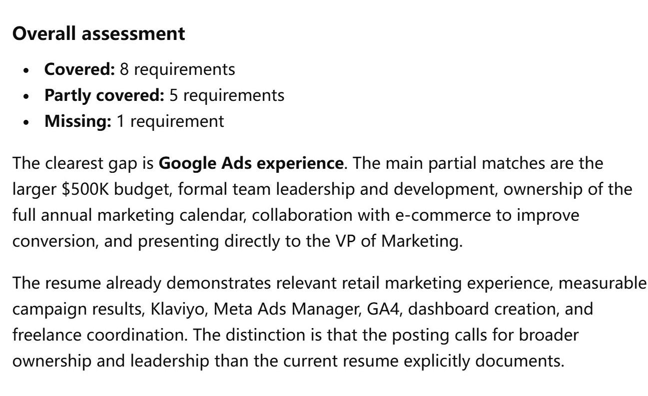 ChatGPT's overall assessment under the gap table: 8 requirements covered, 5 partly covered, 1 missing, with Google Ads experience named as the clearest gap and the $500K budget, formal team leadership and VP-level reporting listed as partial matches.