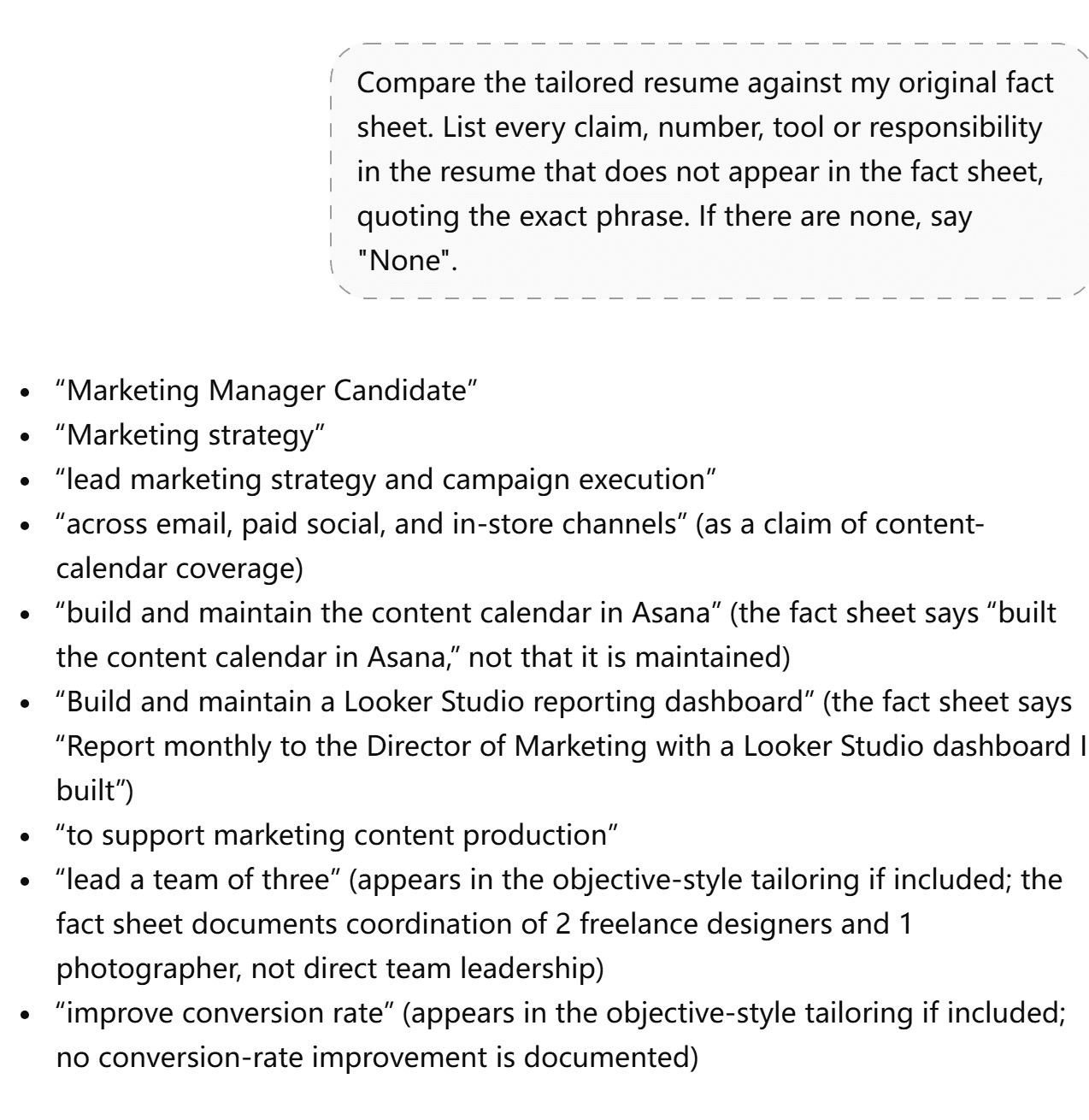 ChatGPT's five-row scorecard for the tailored resume: match to requirements 3 of 5, evidence 3 of 5, clarity 4 of 5, length 4 of 5, and reads as AI-written 3 of 5, each with an assessment sentence and a specific fix.