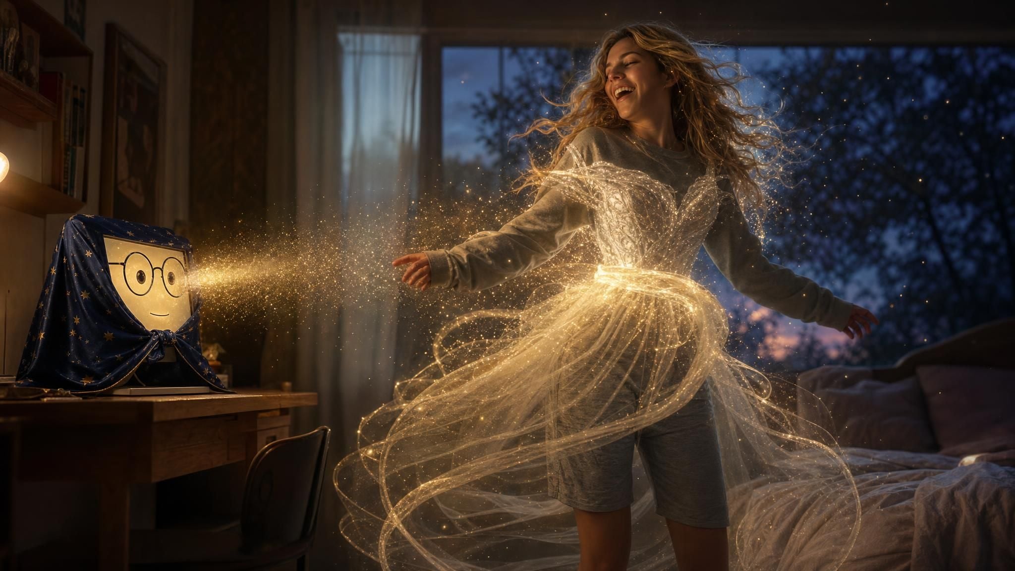 Illustration of an ai outfit swap told as a fairy tale, with a computer dressed as a fairy godmother casting sparkling magic on a young woman whose loungewear is mid-transformation into an elegant evening gown.