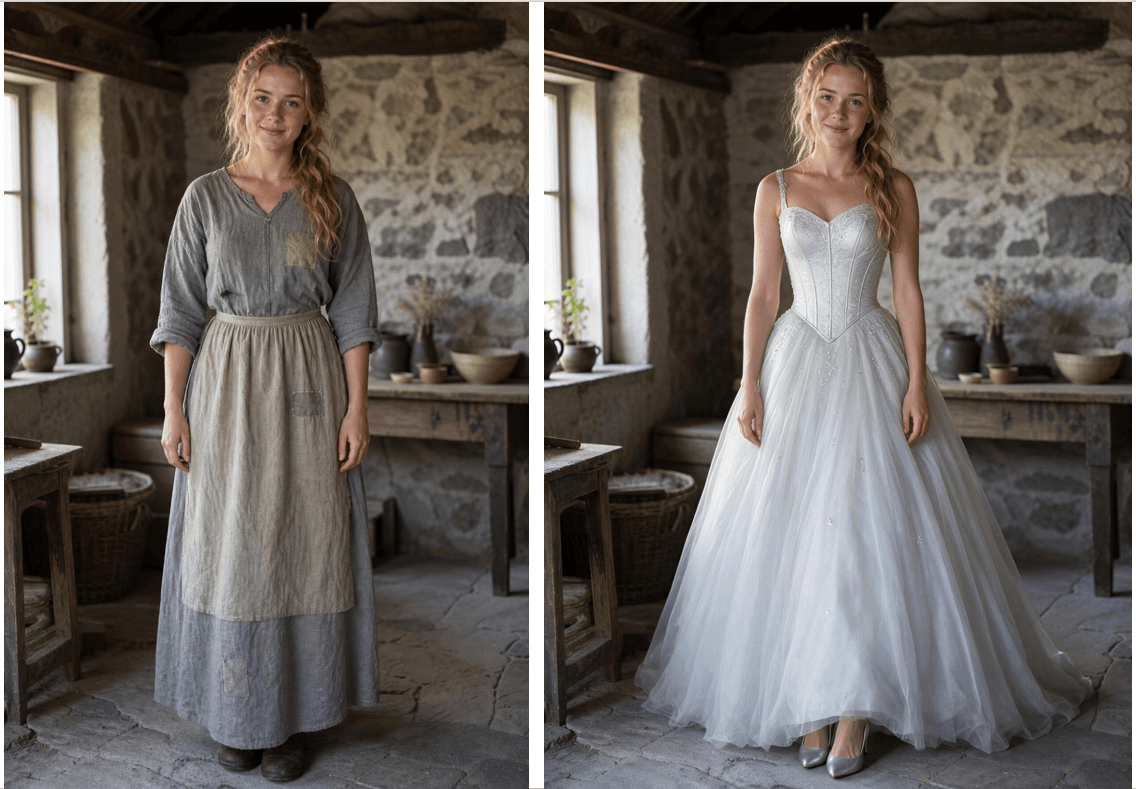 Before and after of an ai outfit swap test, the patched grey work dress on the left replaced by a flowing silver-white ball gown on the right, with the same face, hair, and pose.