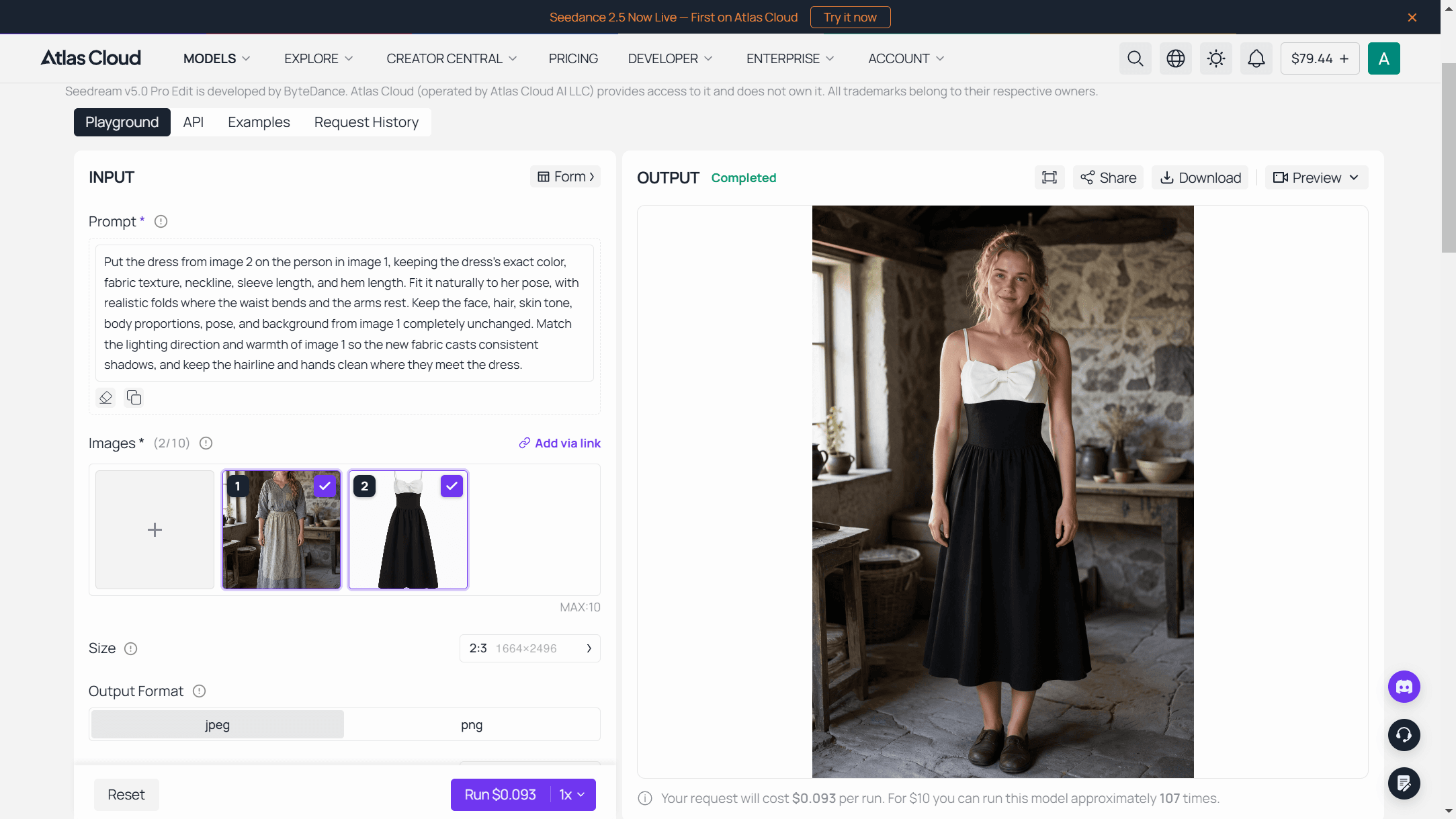 Screenshot of a two-reference outfit swap in the Seedream 5.0 Pro Edit playground, with the garment from the second image transferred onto the person from the first.