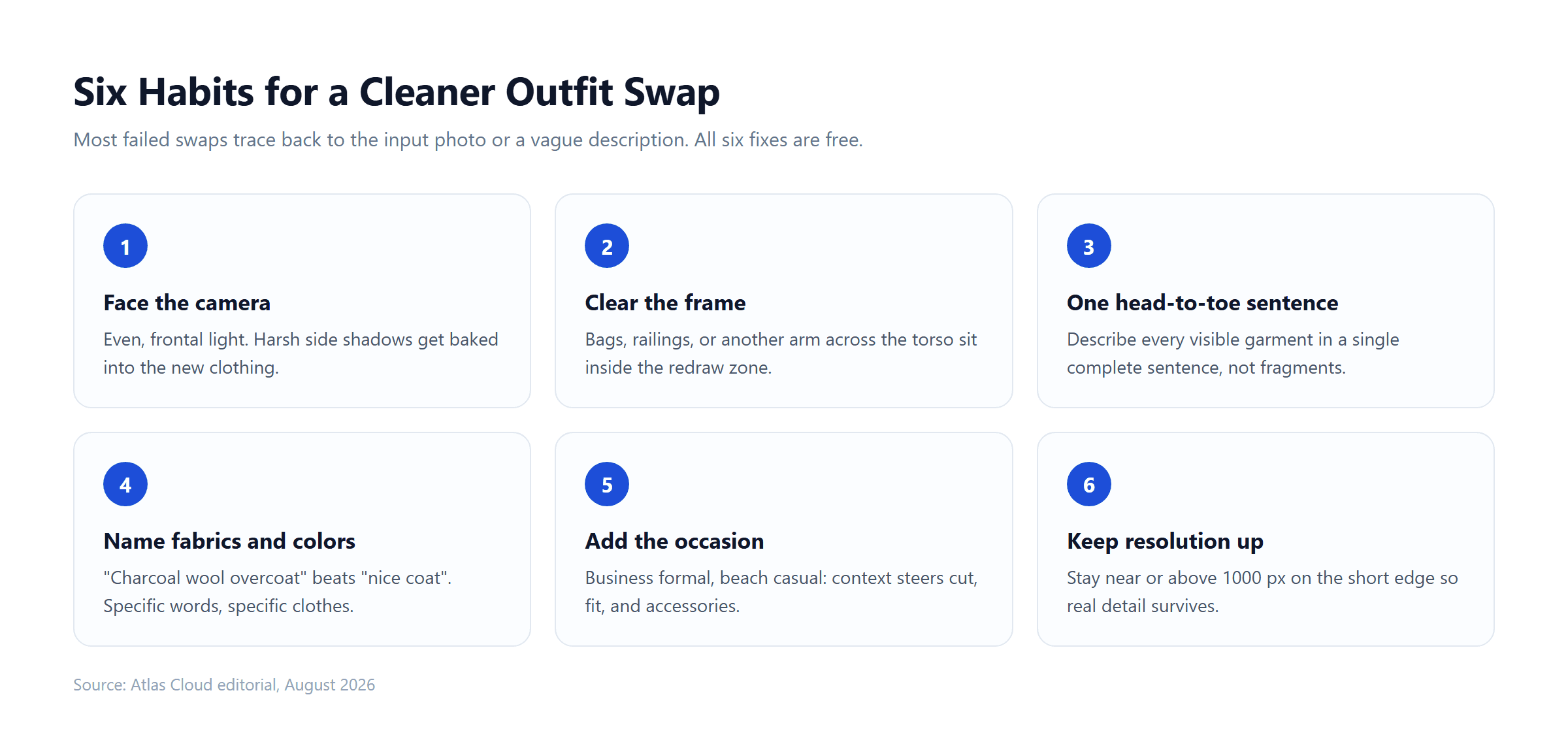 Six-point checklist for better outfit swap results, from front-facing lighting and an unobstructed frame to specific fabric names and sufficient input resolution.