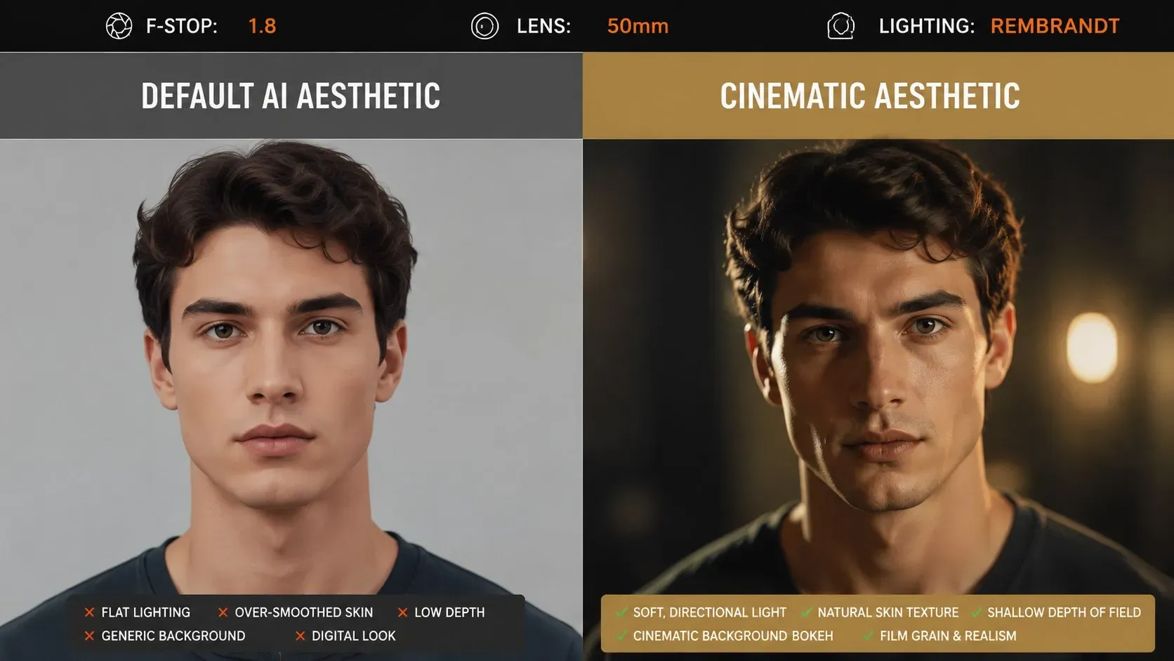 Visual comparison of default AI video style versus cinematic cinematography using technical camera settings like 50mm lens and shallow depth of field for professional AI video production
