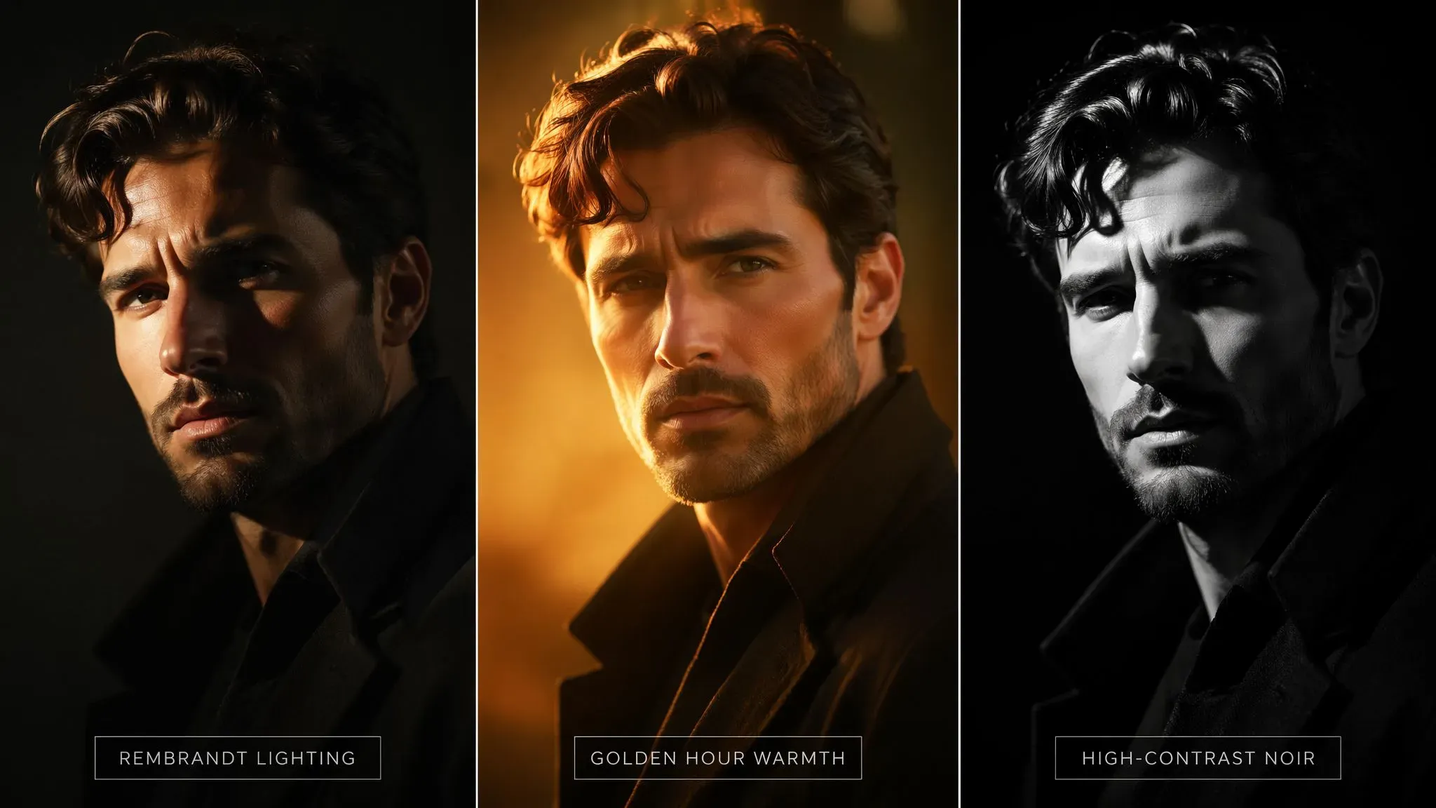 Visual guide to cinematic lighting and color grading for AI video: demonstrating Rembrandt, Golden Hour, and Noir styles for realistic high-production quality