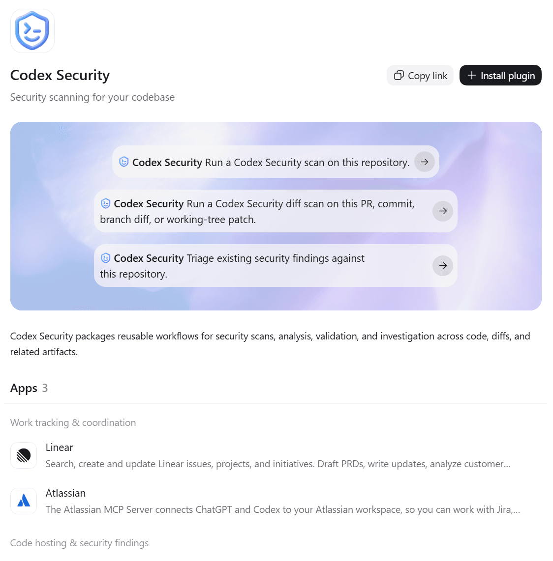 Codex Security plugin listing in the ChatGPT Plugins Directory showing three scan and triage prompts, its description and the Linear, Atlassian and GitHub apps it connects