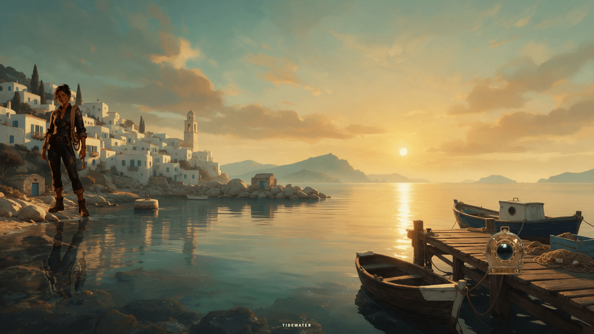 Browser view of the Tidewater title scene that Codex built from Atlas Cloud plugin assets: a painted Mediterranean harbor at golden hour, a salvage diver standing at the water's edge with her reflection below her, and a textured brass diving helmet on the dock